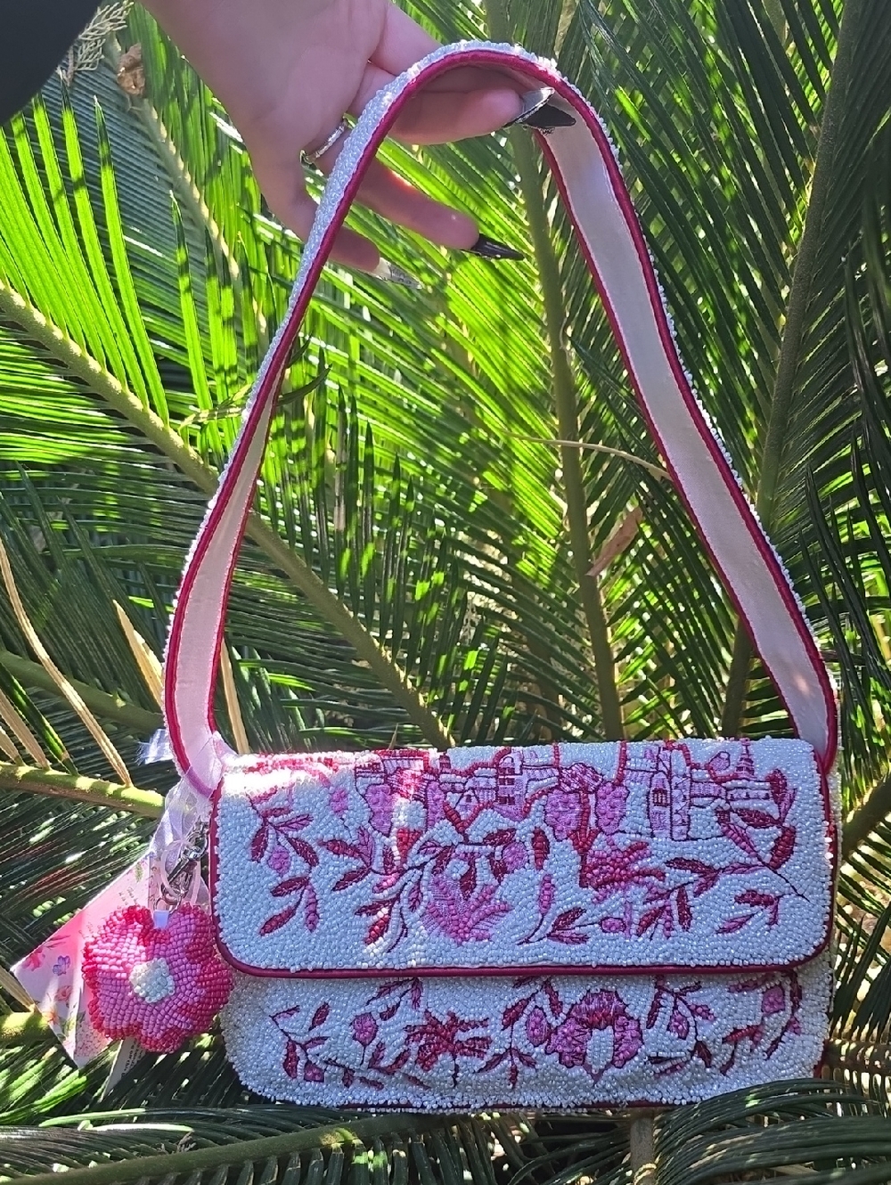 Beaded Floral Pink Shoulder Bag